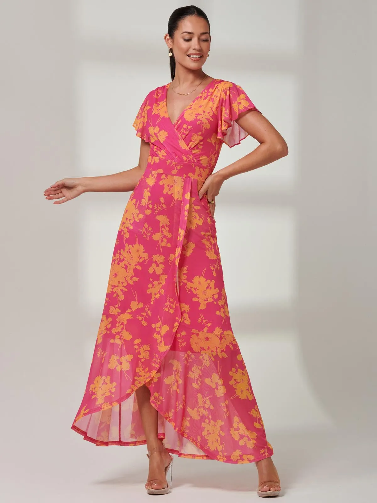 Gisselle Ruffle Hem Mesh Maxi Dress, Pink Floral