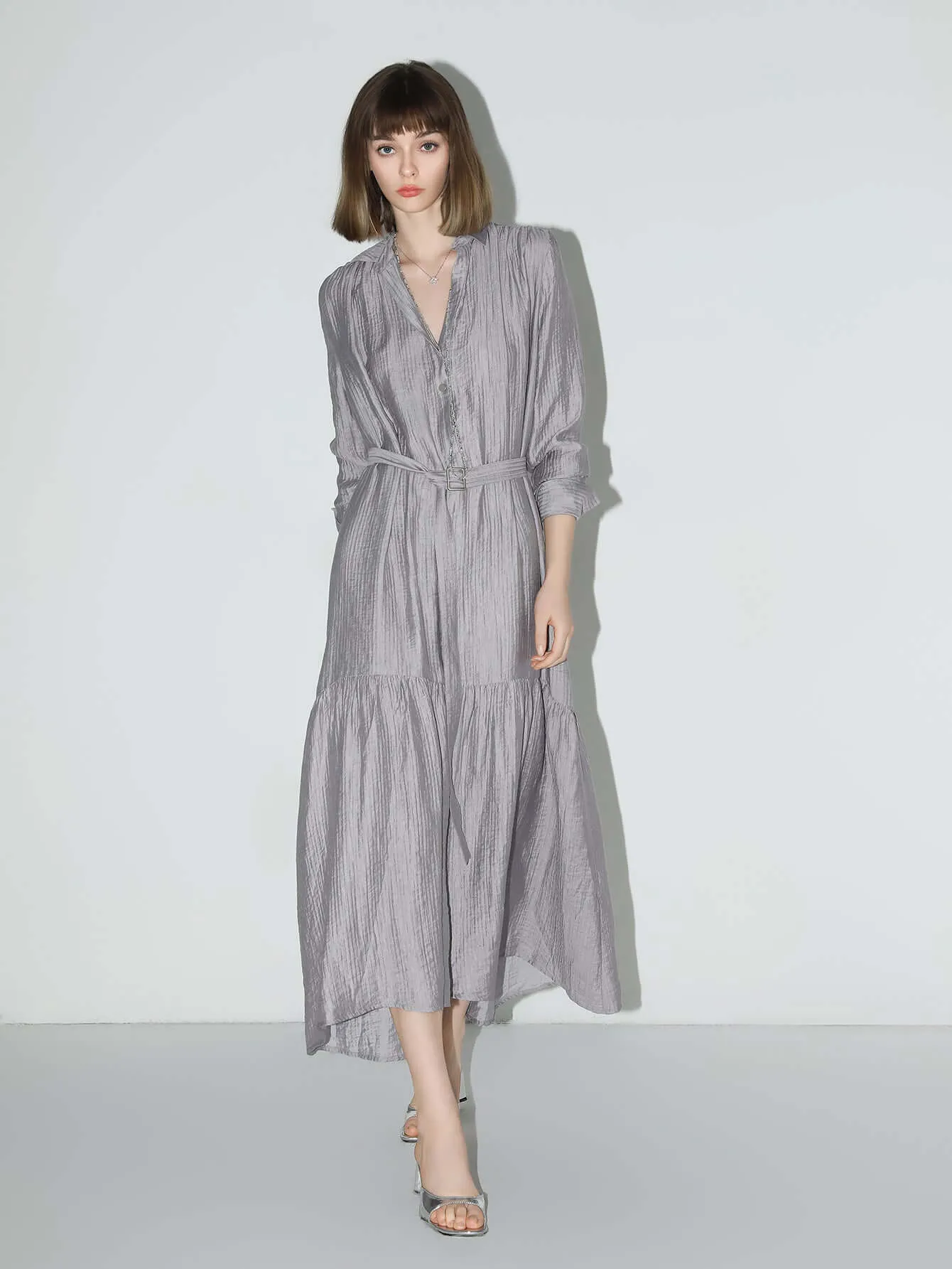 Glam Purple Pleated Long-Sleeve Shirt Dress