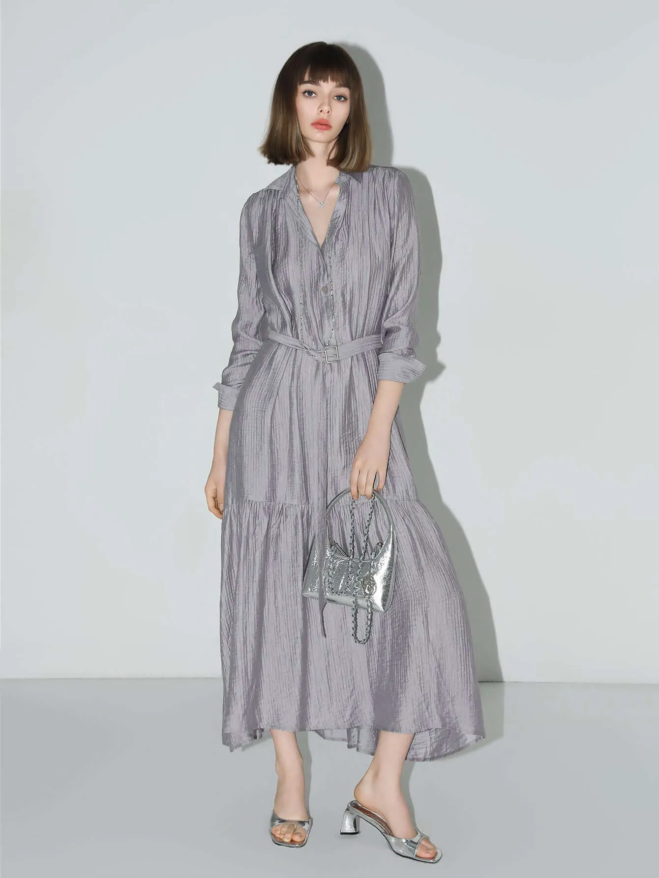 Glam Purple Pleated Long-Sleeve Shirt Dress