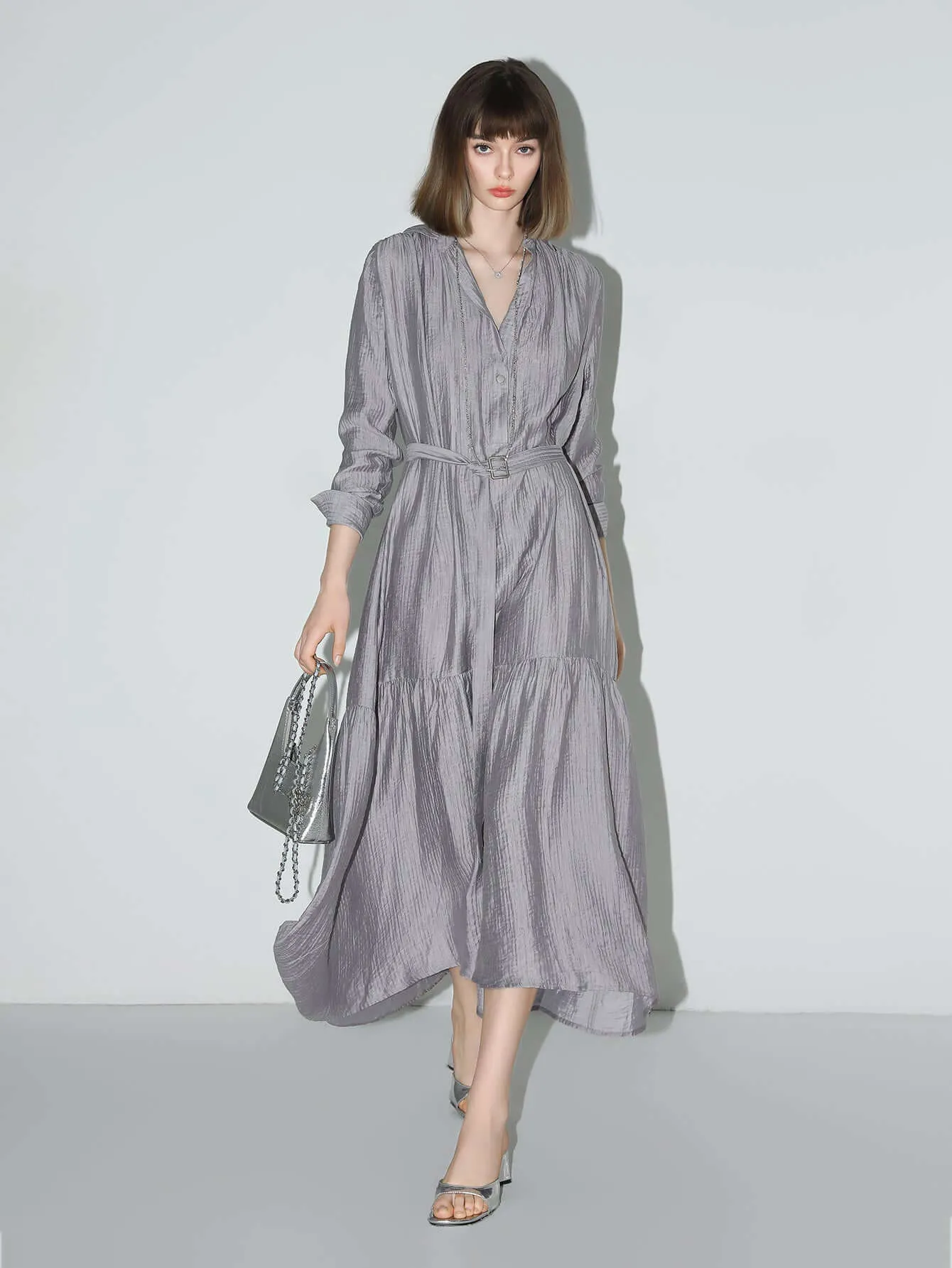 Glam Purple Pleated Long-Sleeve Shirt Dress