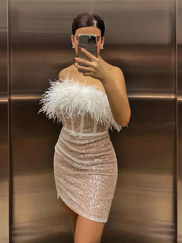 Glam Sequin Feather Dress: Strapless, Corset Boning, Belted
