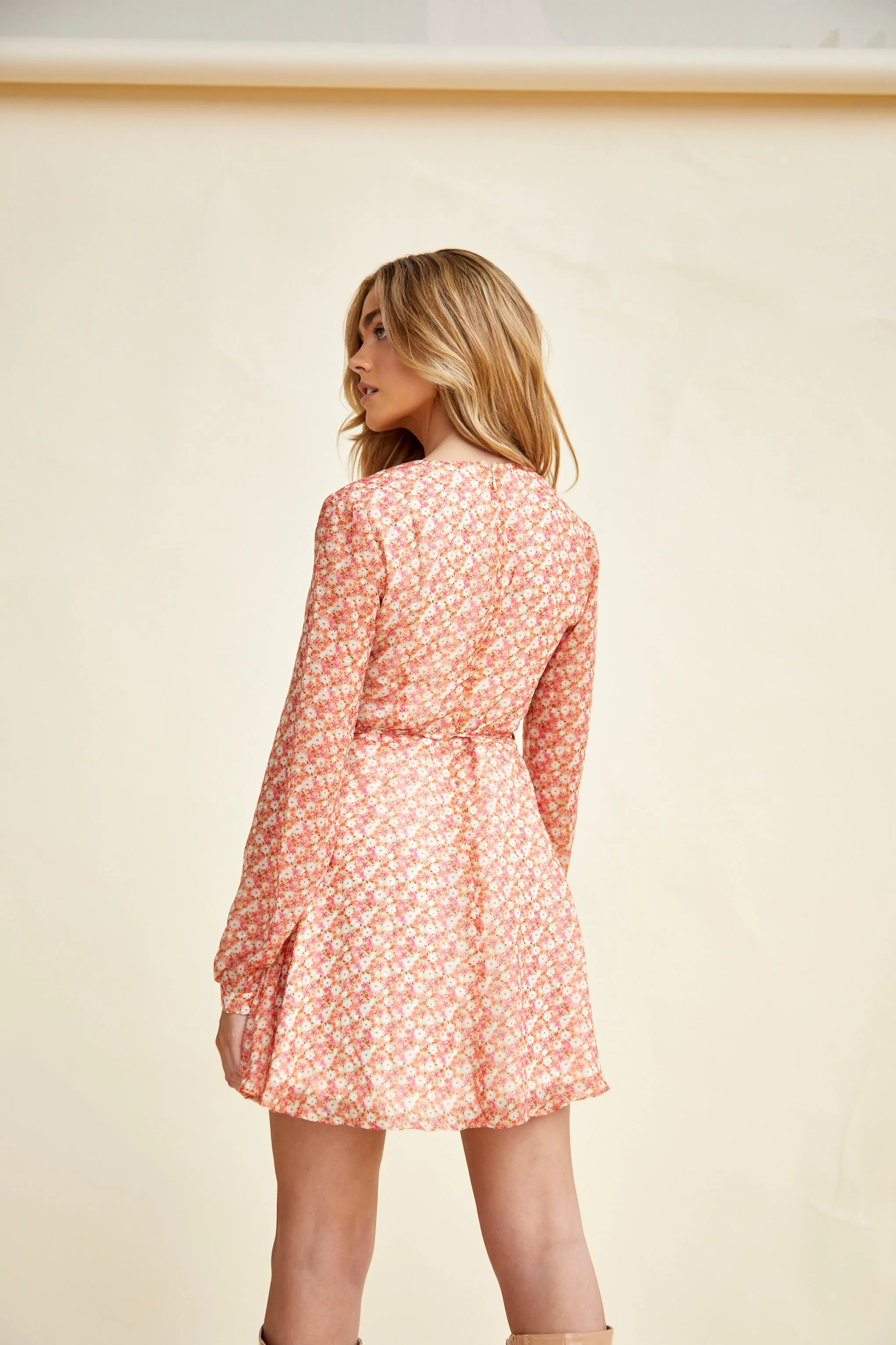 Glamorous Low V-Neck Mini dress with Long Sleeves & Waist Tie