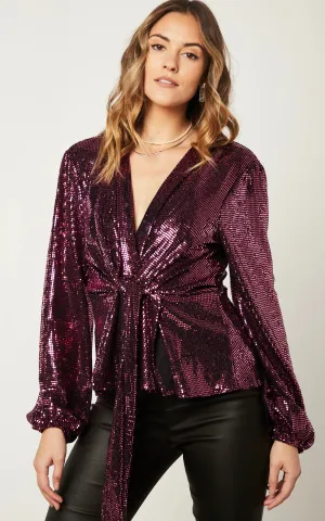 Glamorous Sequin Wrap Top in Rich Burgundy