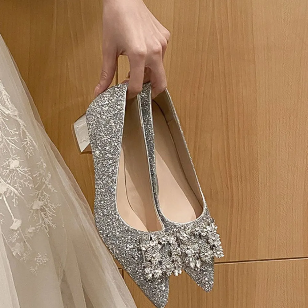 Glitter Point Toe Block Heel Pumps