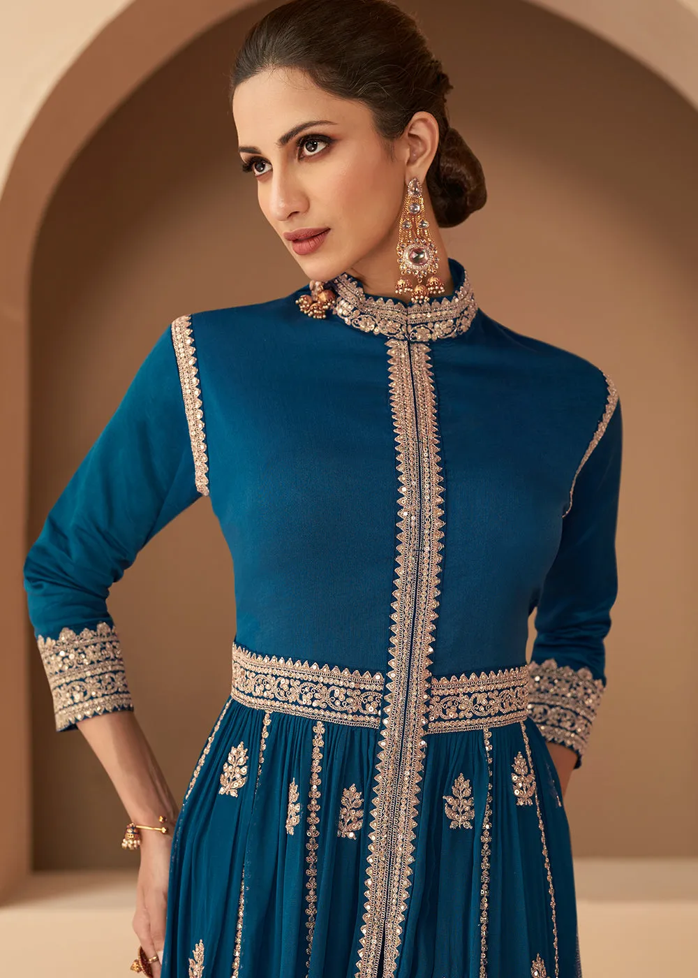Glorious Blue Front Slit Silk Georgette Anarkali Suit