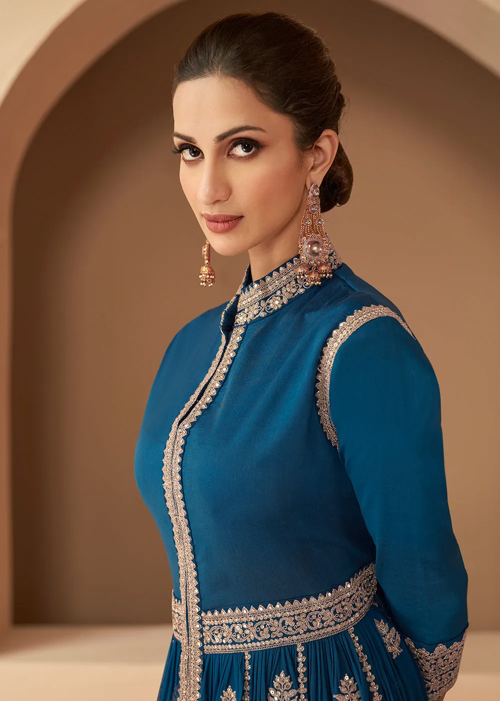 Glorious Blue Front Slit Silk Georgette Anarkali Suit