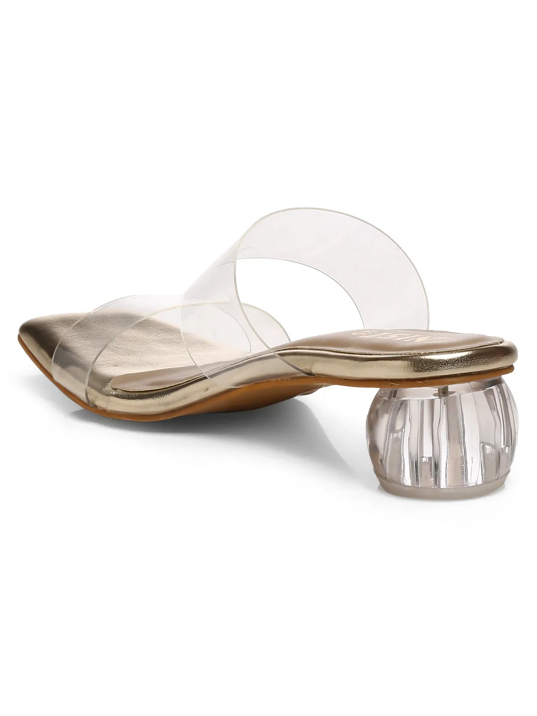 GNIST Gold Twin Strap Transparent Clear Block Heels