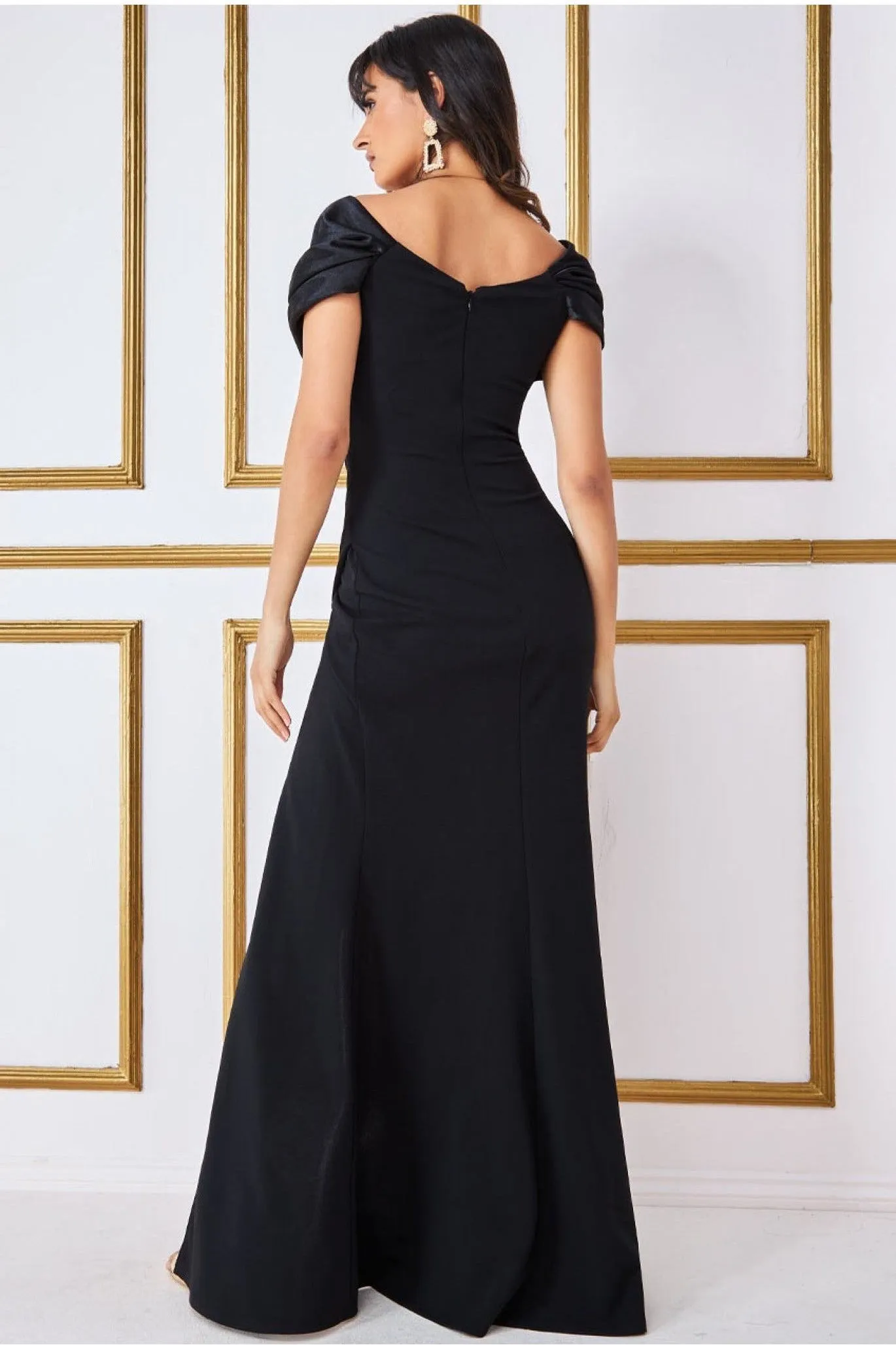 Goddiva Satin & Scuba Off The Shoulder Maxi Dress - Black