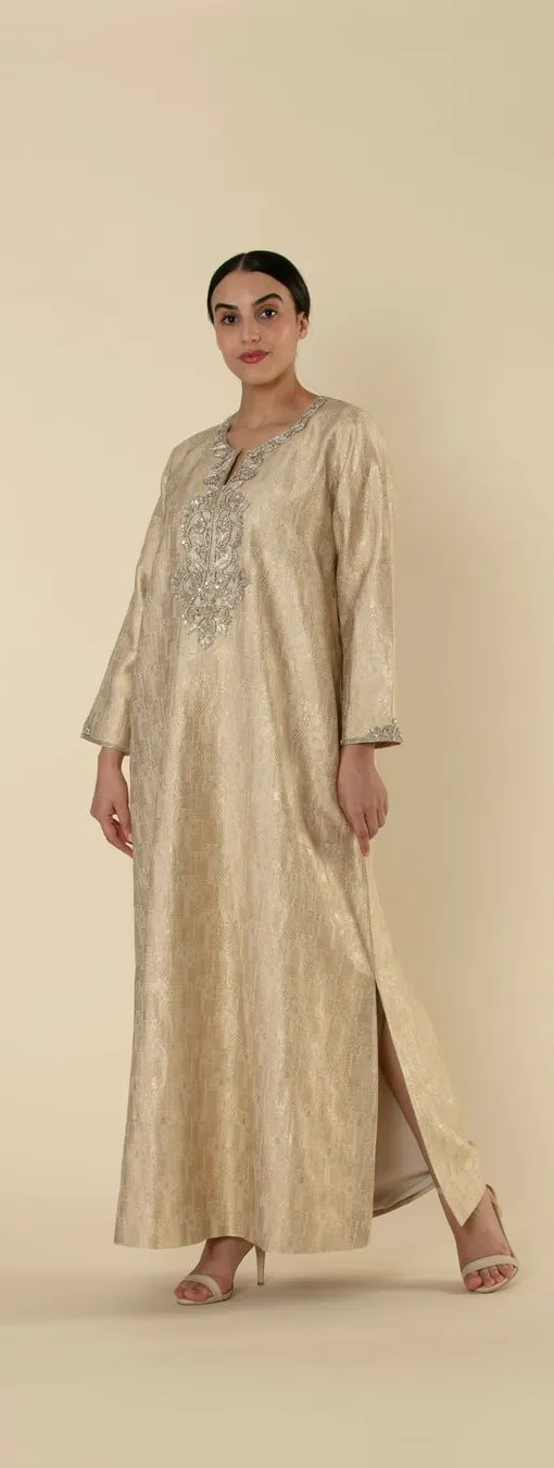 Gold Banarasi Fabric Embroidered Kaftan – Nueva Collection