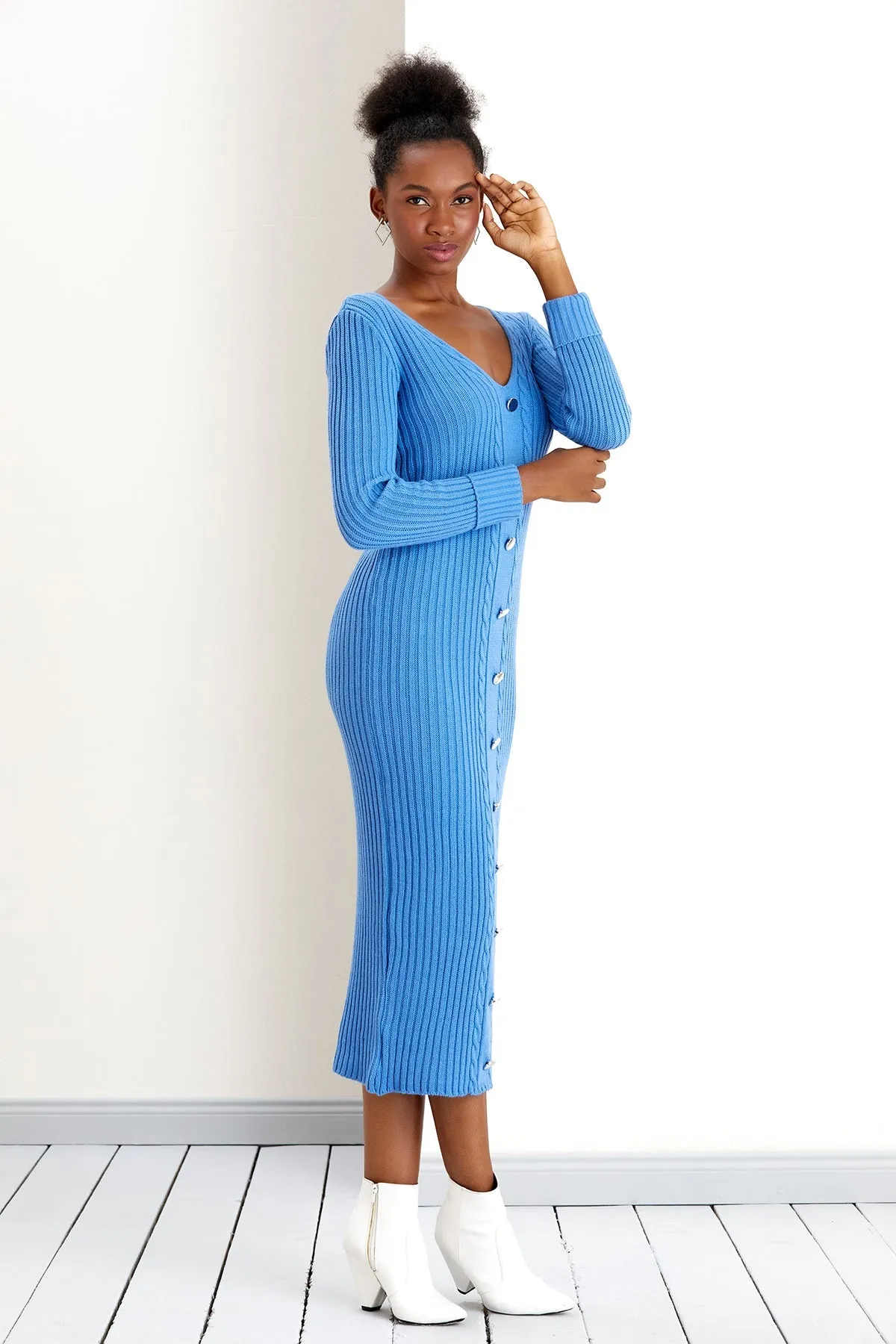 Gold Button Knitted Midi Dress in Soft Blue