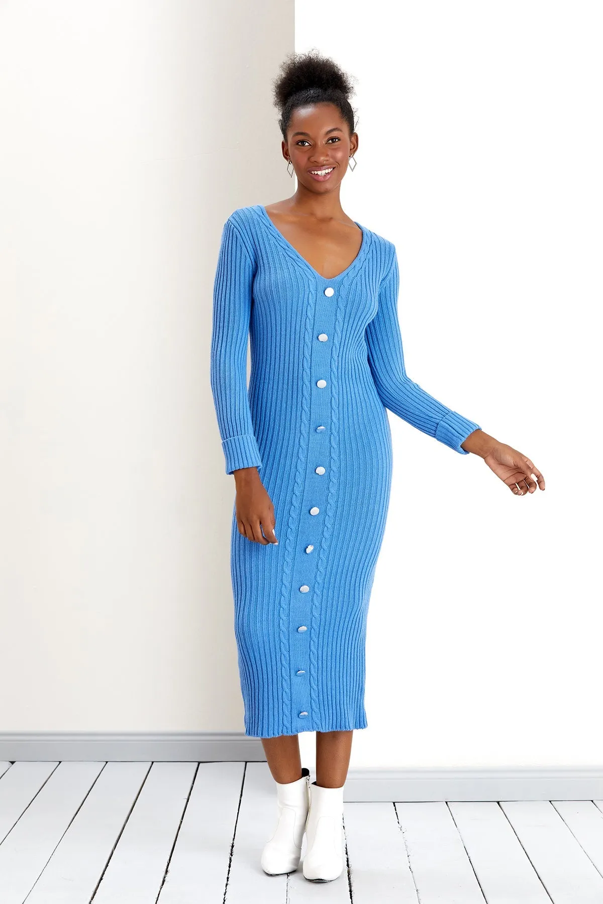 Gold Button Knitted Midi Dress in Soft Blue