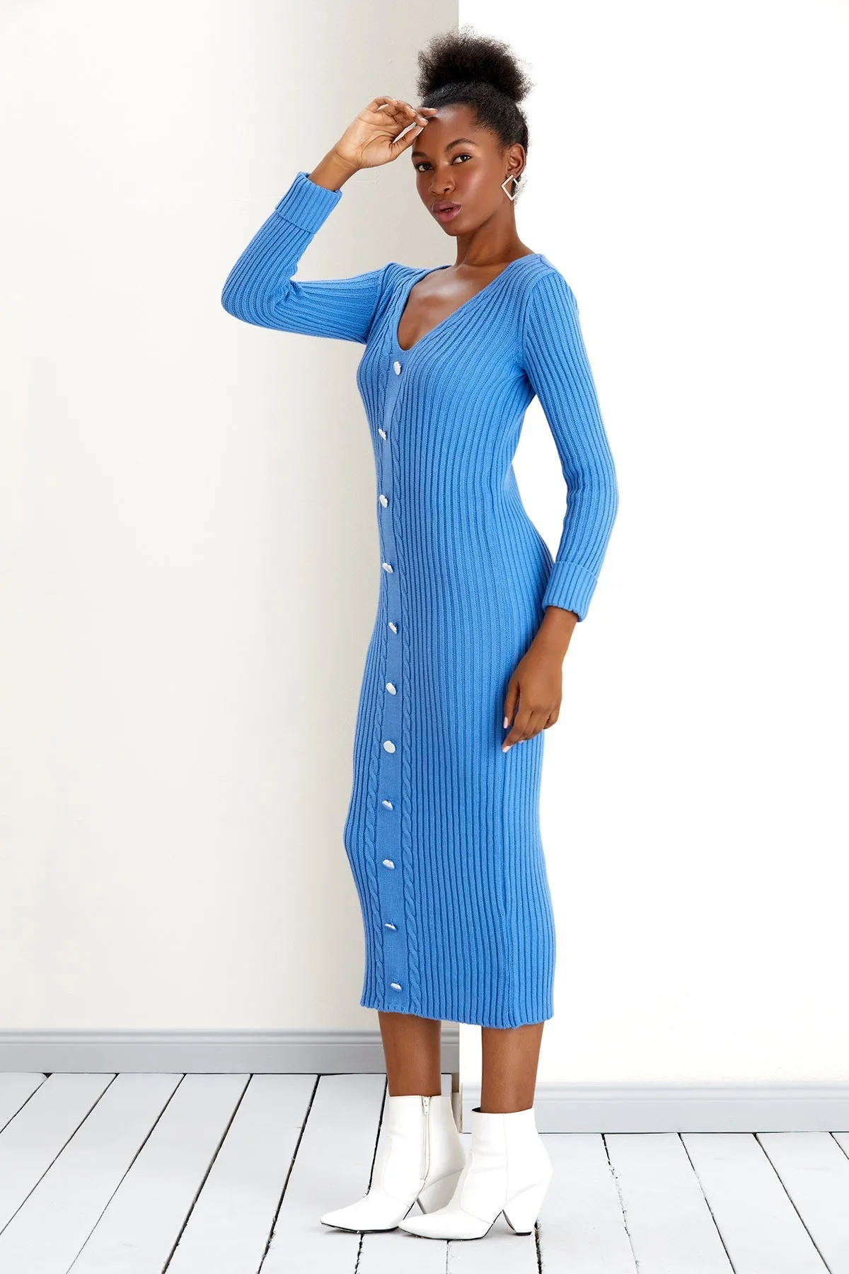 Gold Button Knitted Midi Dress in Soft Blue