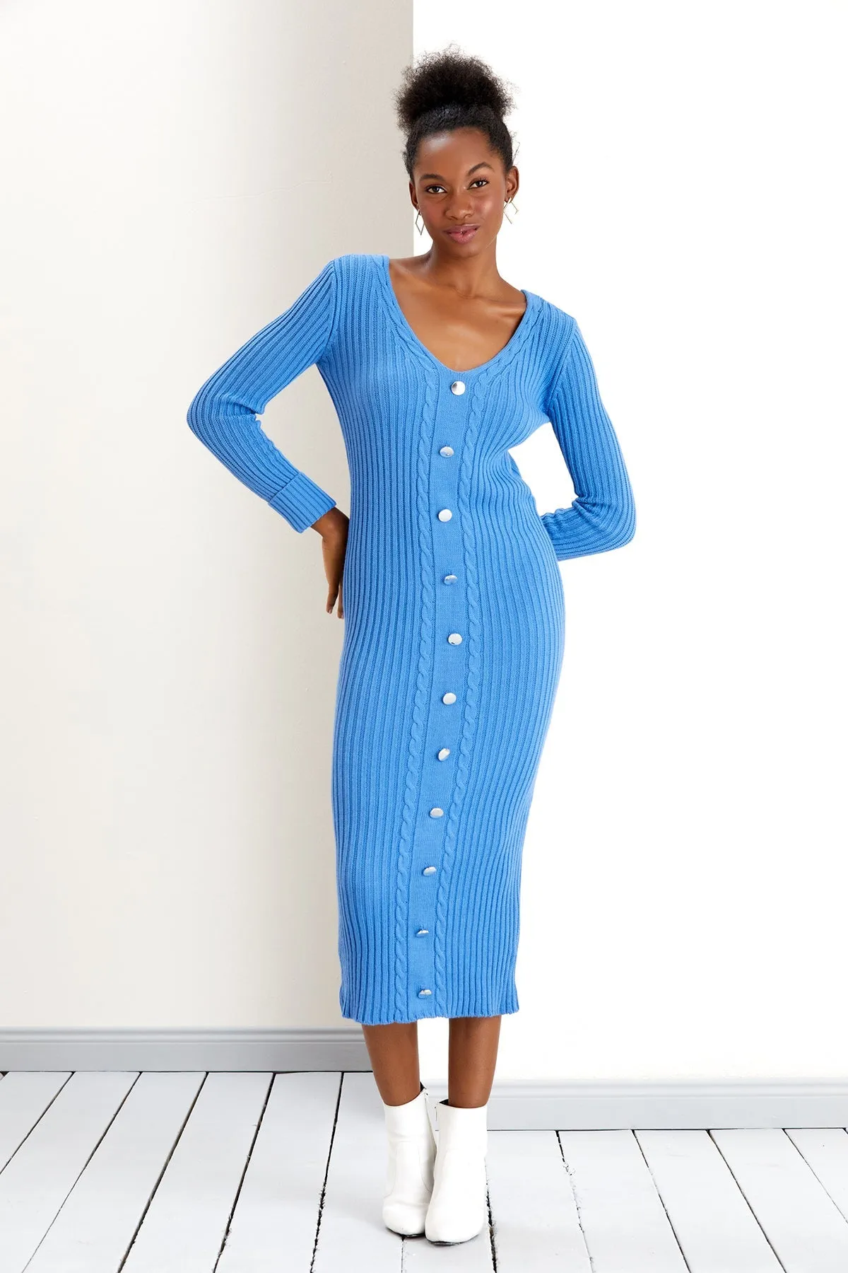 Gold Button Knitted Midi Dress in Soft Blue