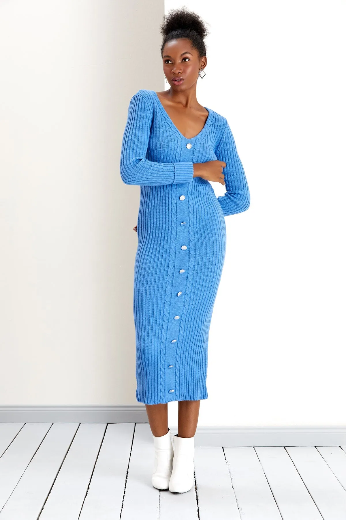 Gold Button Knitted Midi Dress in Soft Blue