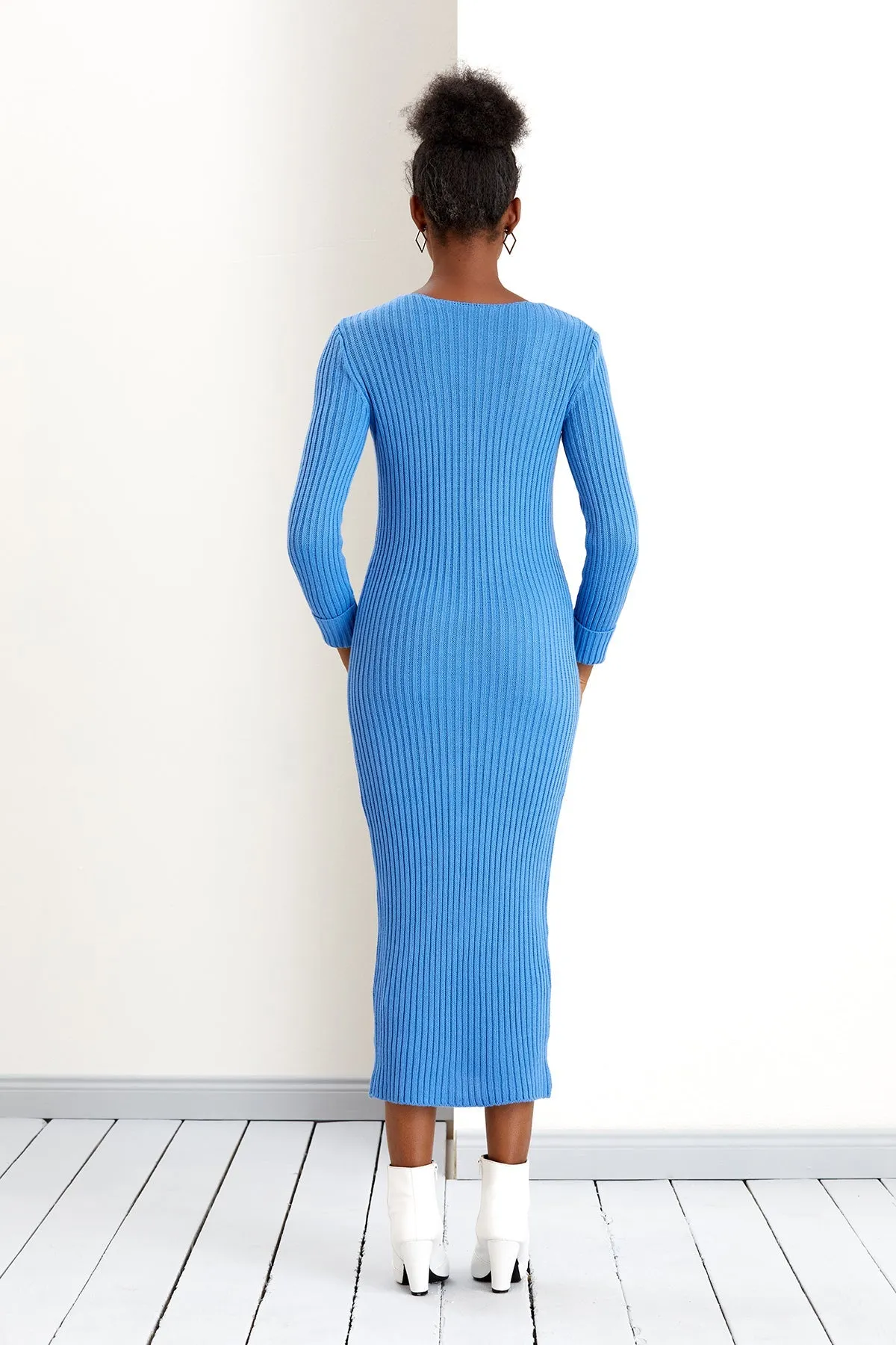 Gold Button Knitted Midi Dress in Soft Blue