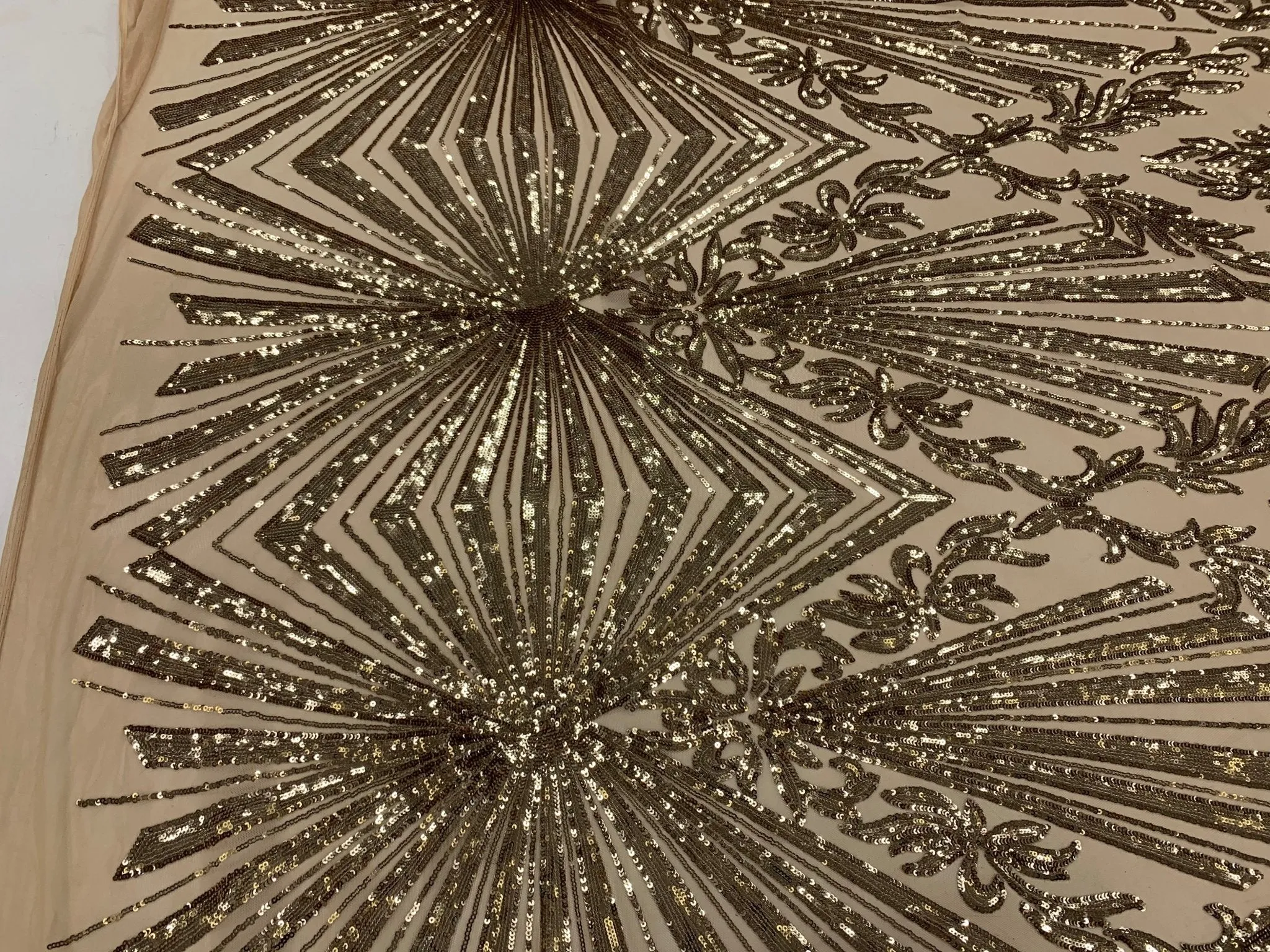Gold Luxury Stretch Sequin Bridal Embroidery on Nude Mesh Lace Fabric