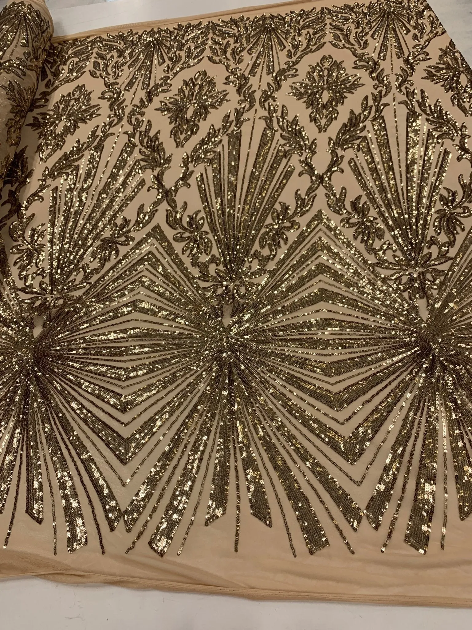 Gold Luxury Stretch Sequin Bridal Embroidery on Nude Mesh Lace Fabric