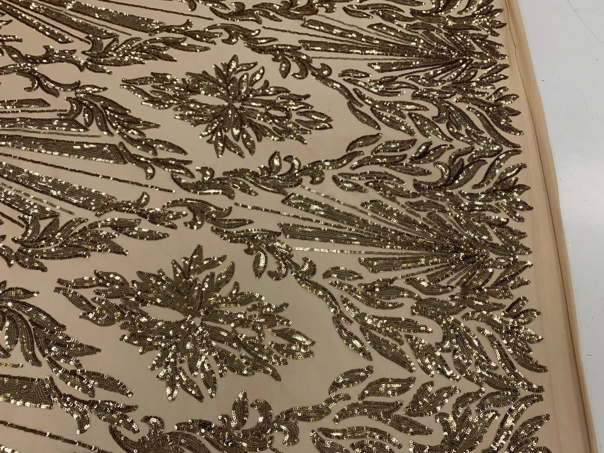 Gold Luxury Stretch Sequin Bridal Embroidery on Nude Mesh Lace Fabric