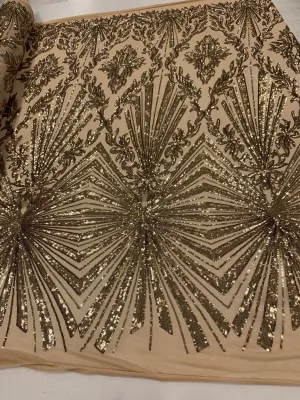 Gold Luxury Stretch Sequin Bridal Embroidery on Nude Mesh Lace Fabric