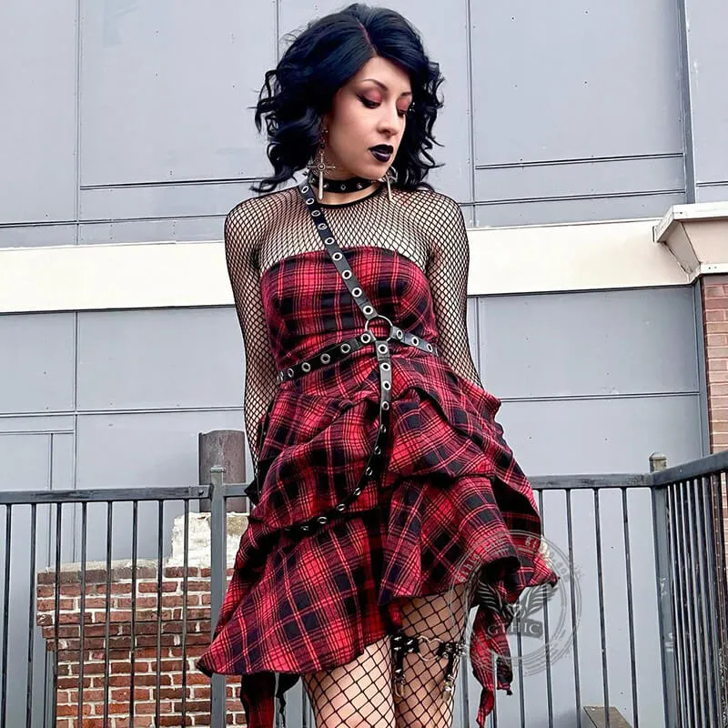Gothic Red And Black Plaid One-Shoulder Dress