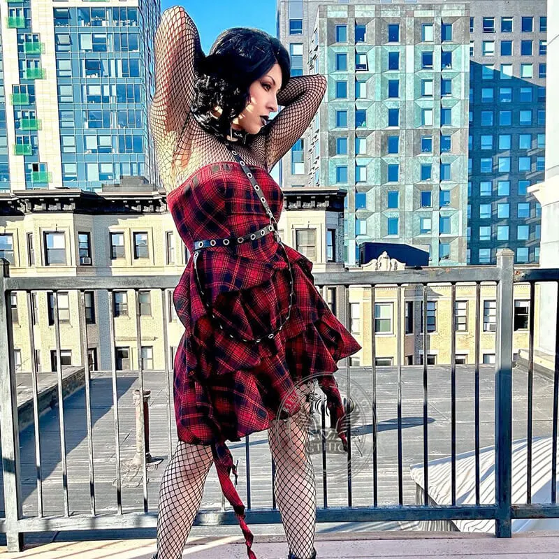 Gothic Red And Black Plaid One-Shoulder Dress