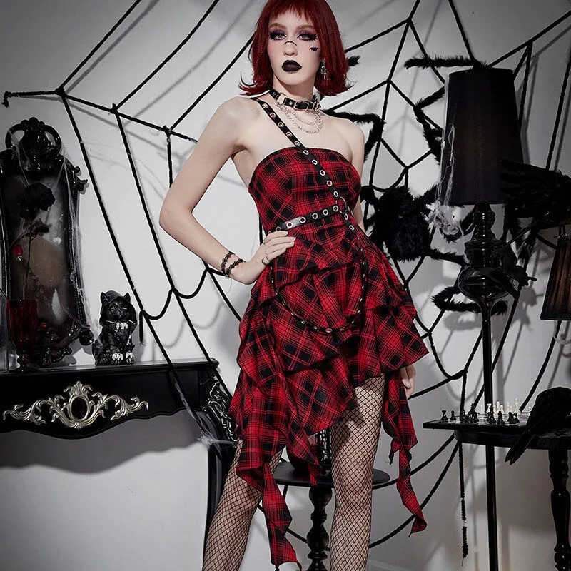 Gothic Red And Black Plaid One-Shoulder Dress