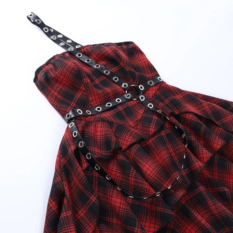 Gothic Red And Black Plaid One-Shoulder Dress