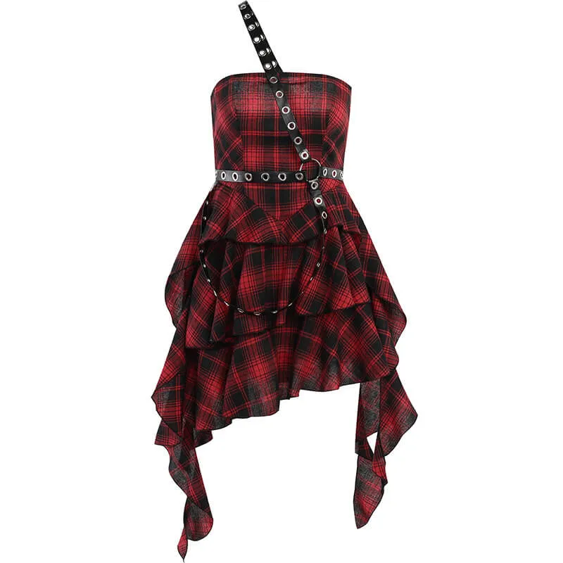 Gothic Red And Black Plaid One-Shoulder Dress