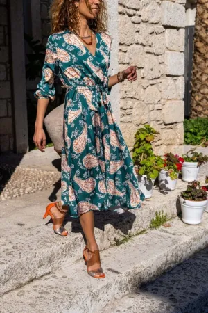 Green Boho Dress,Maxi Dress,Flower Printed Long Sleeve Dress-Boho Wear Womens Dress-Attractive Casual Dress,Summer Dress,Safari Dress