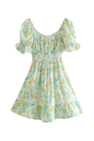 Green Cute Floral Print Puff Sleeve Mini Dress