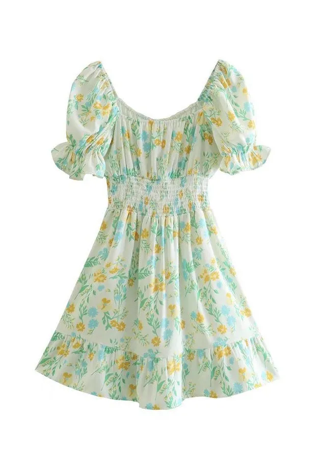 Green Cute Floral Print Puff Sleeve Mini Dress
