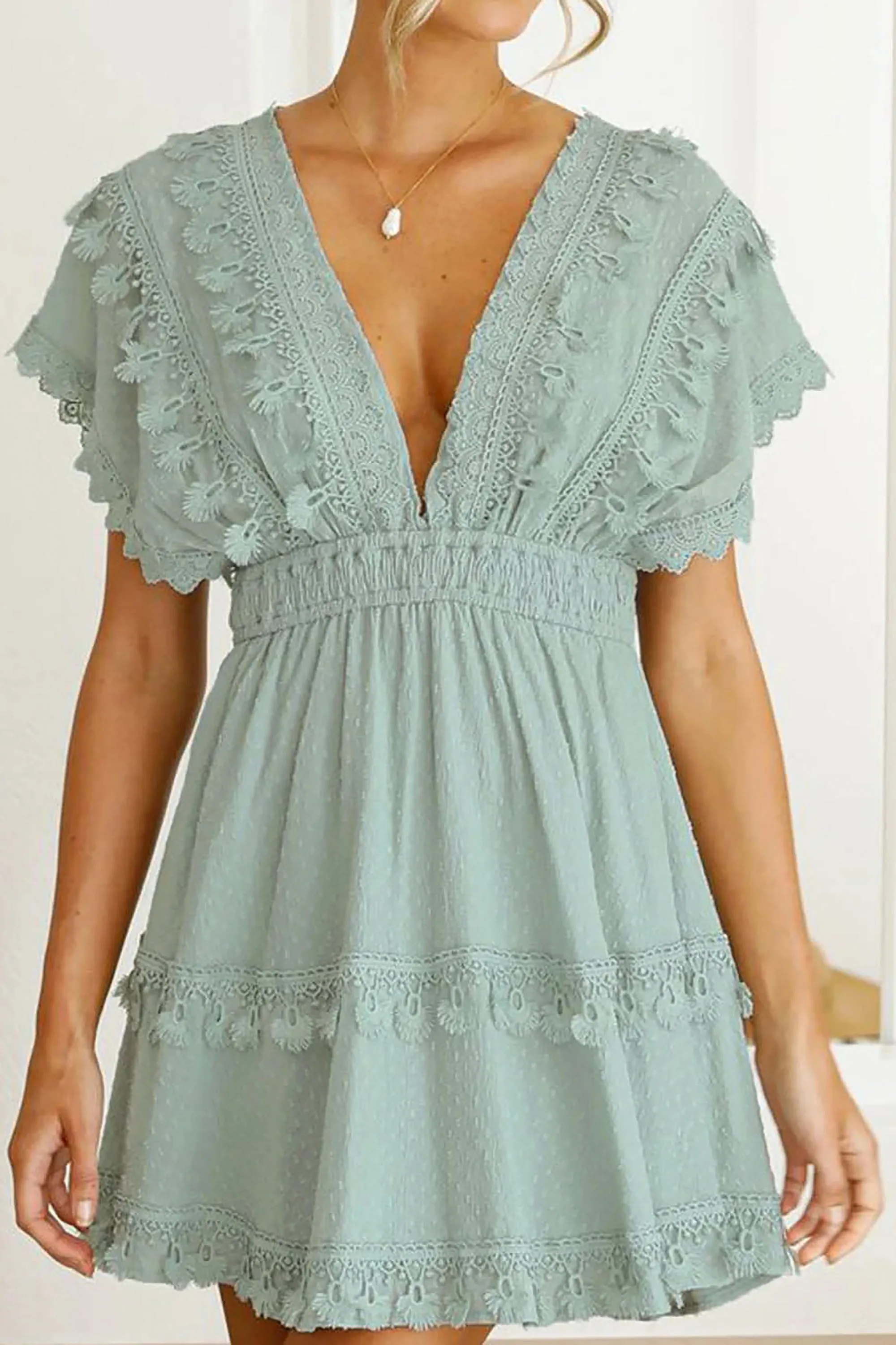 Green Deep V-neck Cotton Mini Dress