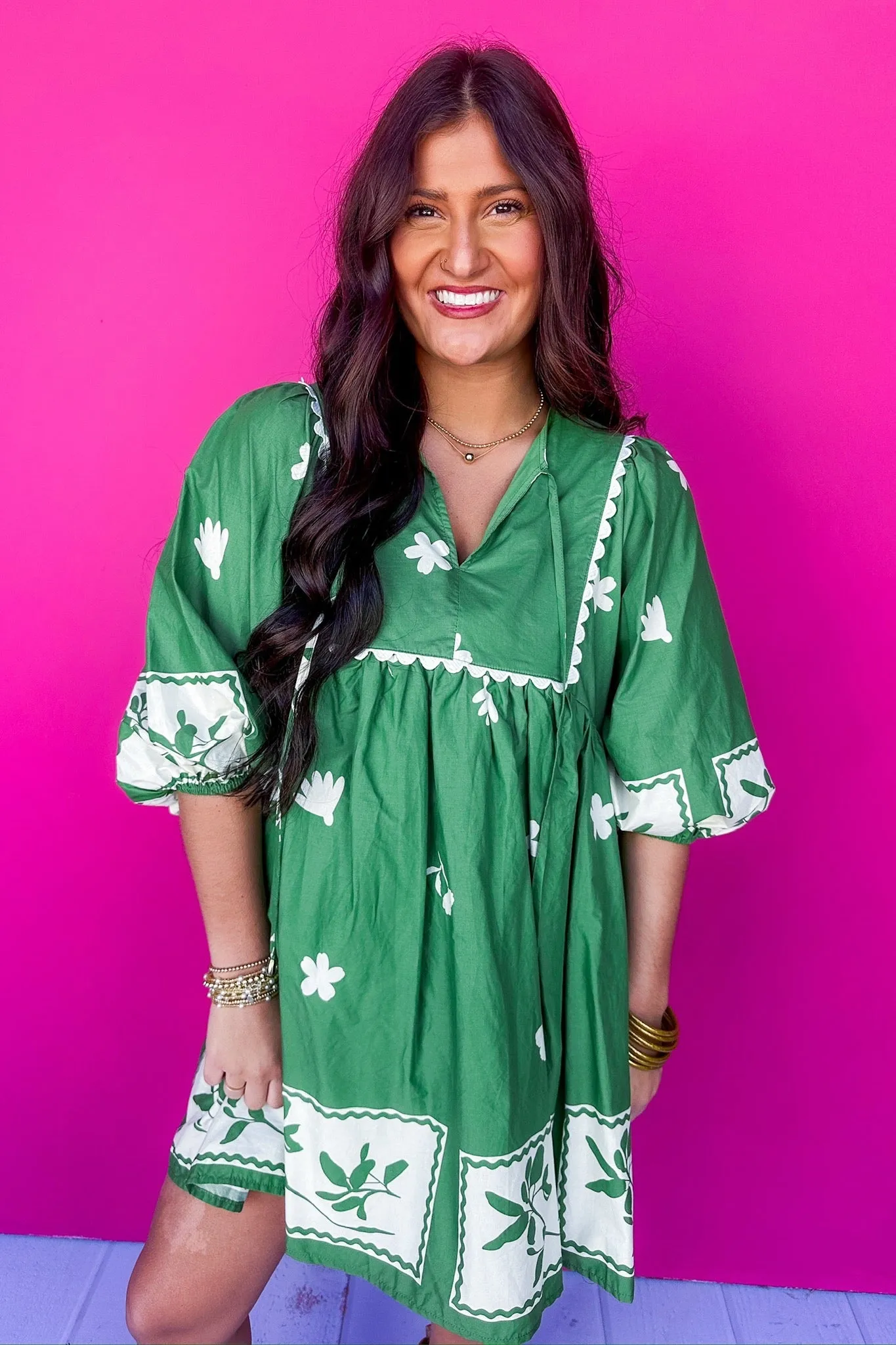 Green Floral Boho Tie Neck Peasant Dress