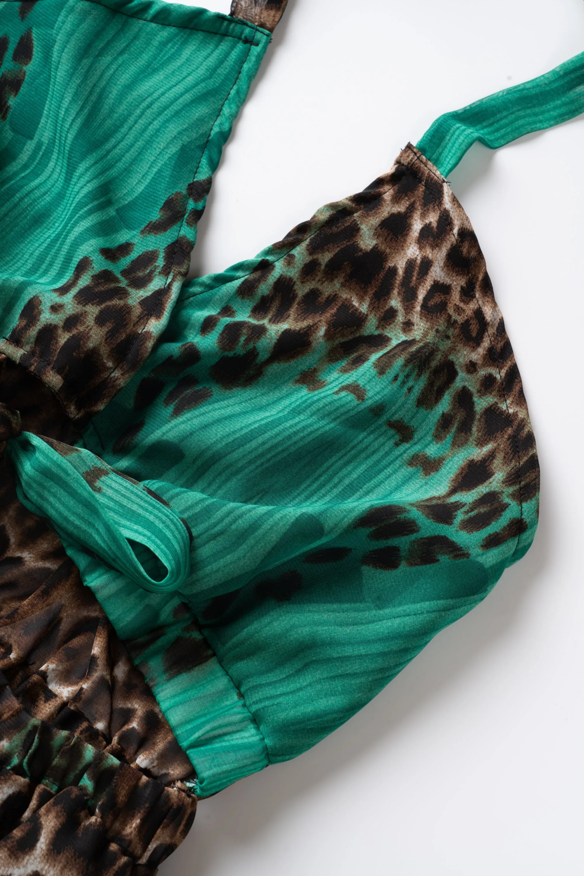 Green Leopard Chiffon Tie Up Maxi Dress