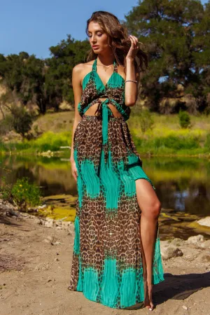 Green Leopard Chiffon Tie Up Maxi Dress