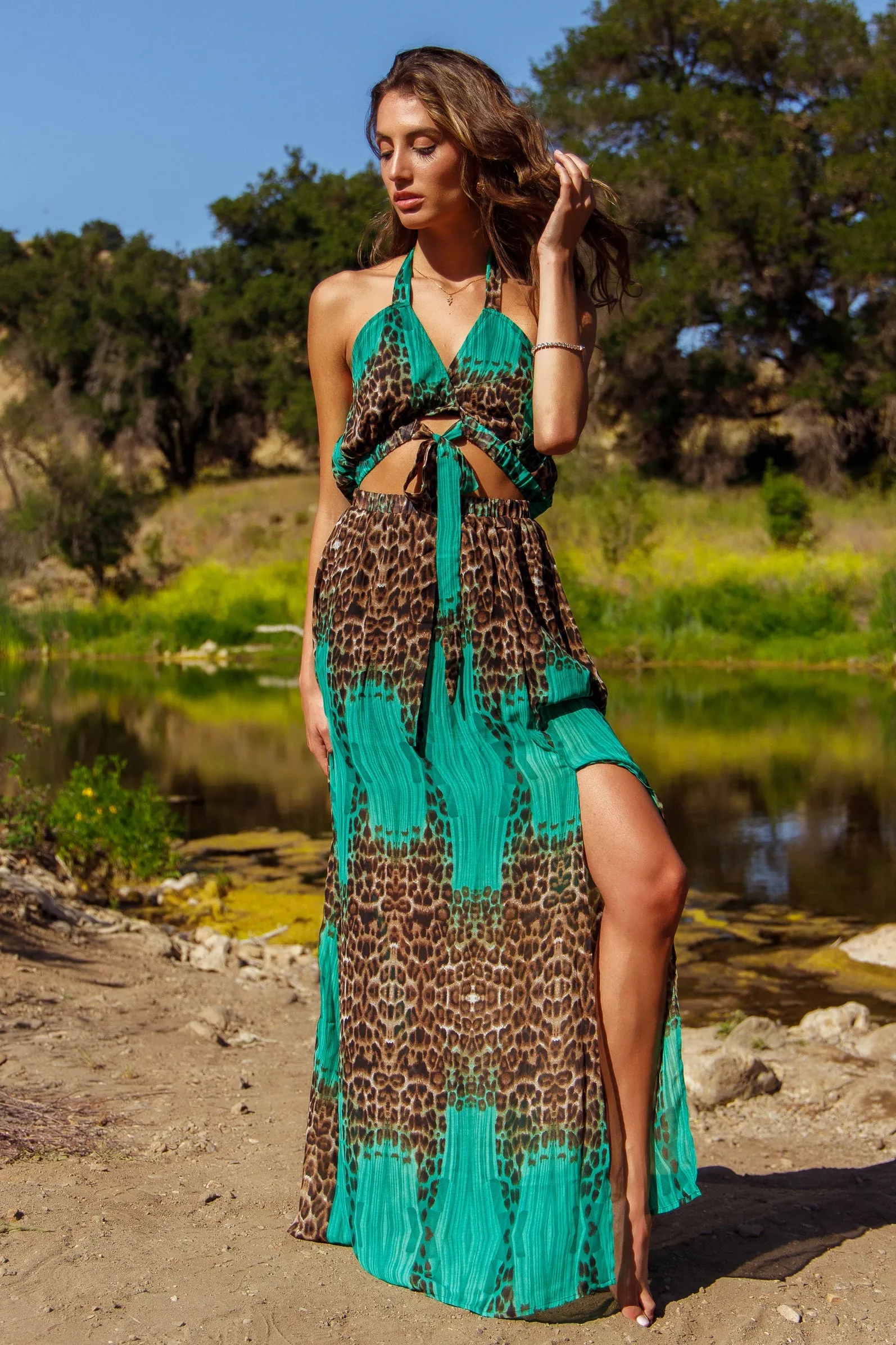 Green Leopard Chiffon Tie Up Maxi Dress