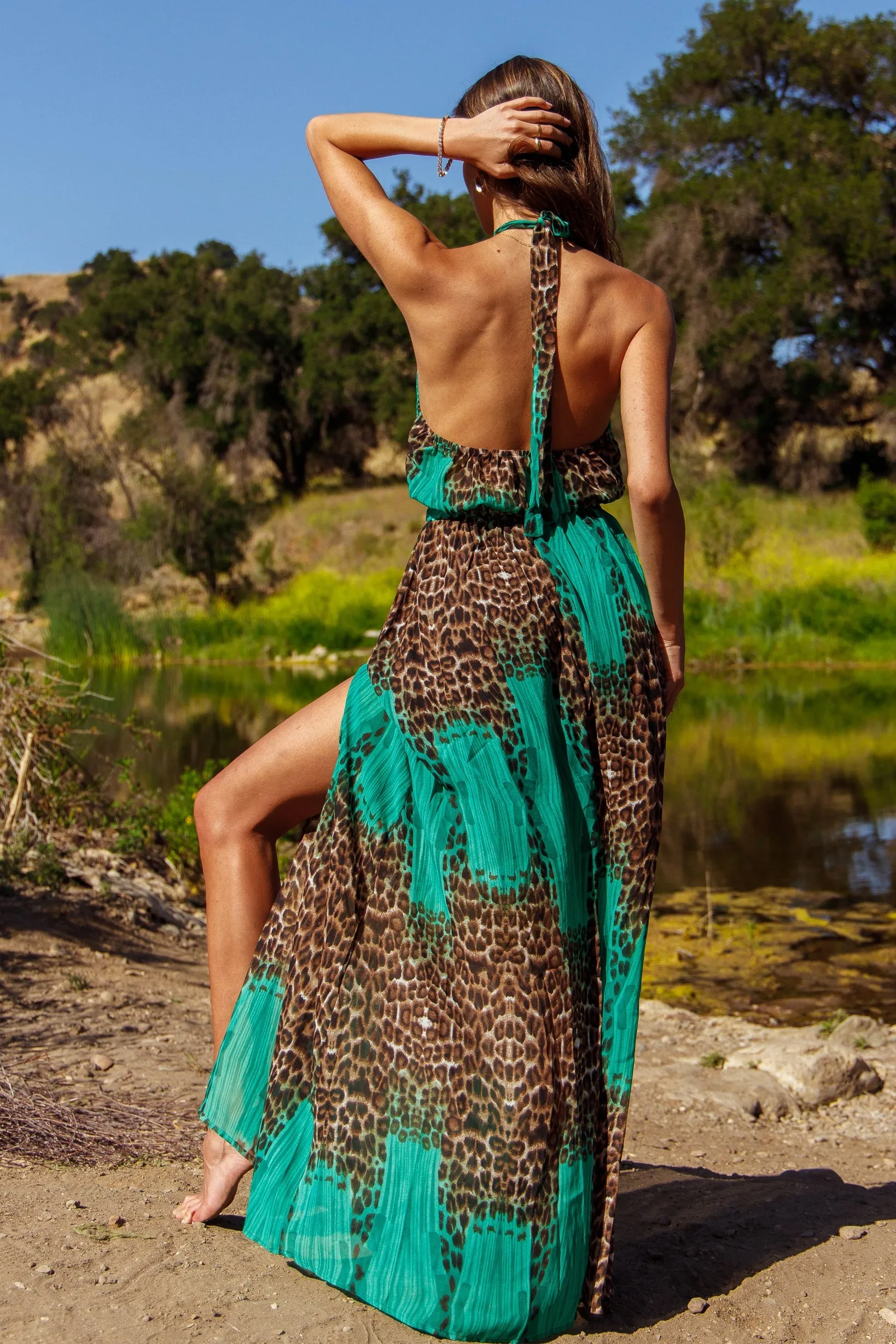 Green Leopard Chiffon Tie Up Maxi Dress