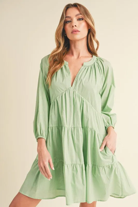 Green Notched Balloon Sleeve Tiered Mini Dress