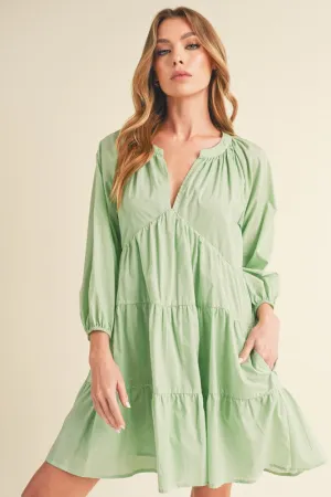 Green Notched Balloon Sleeve Tiered Mini Dress