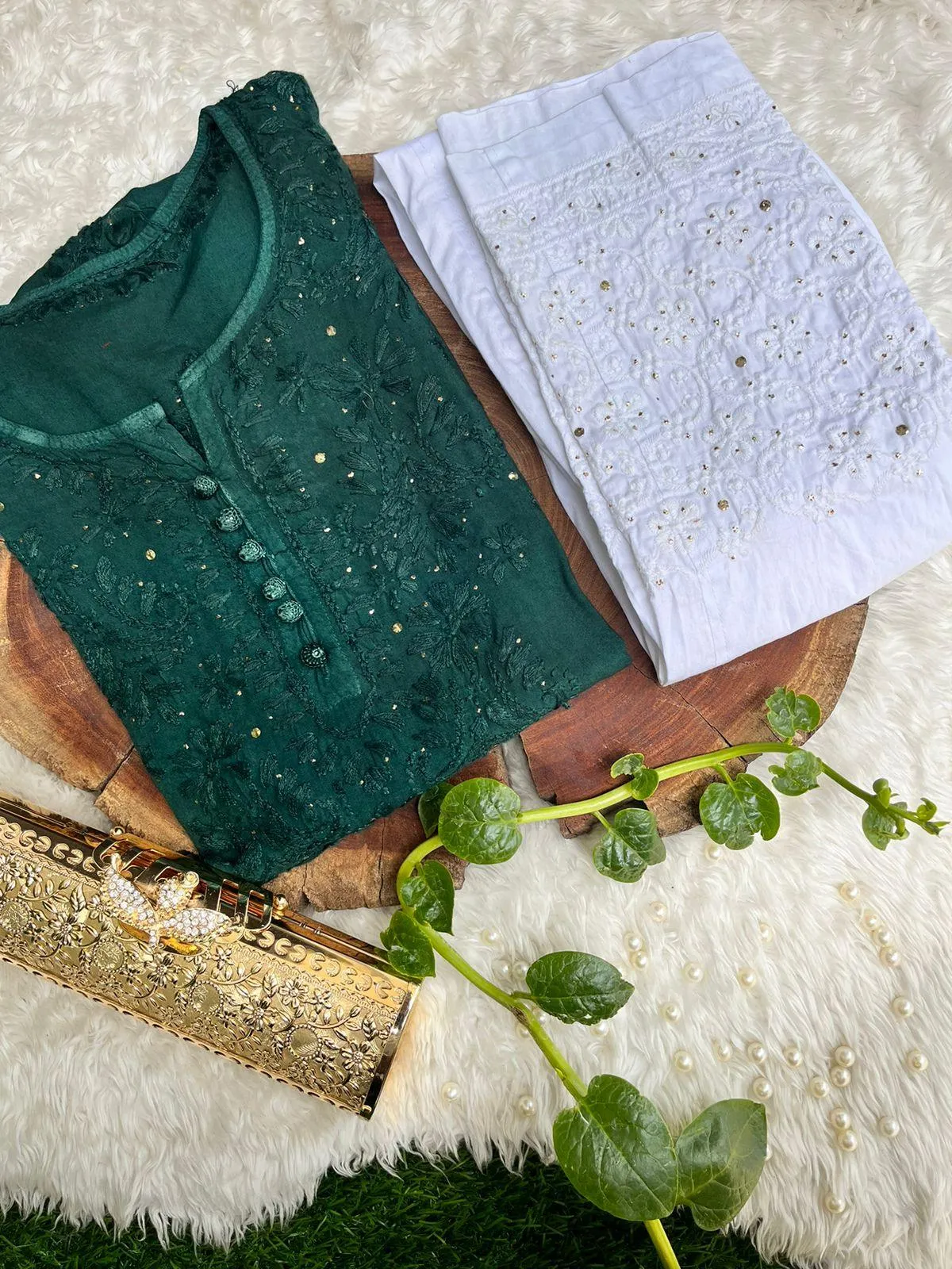 Green Rayon Quraishiya Button Kurta with Stunning Mukesh Embellishments
