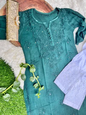 Green Rayon Quraishiya Button Kurta with Stunning Mukesh Embellishments