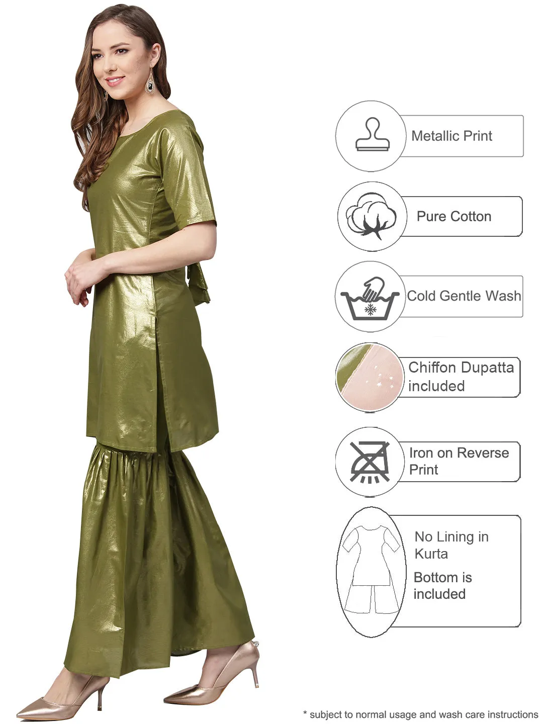 Green Shimmer Cotton Kurta Gharara with Dupatta Set