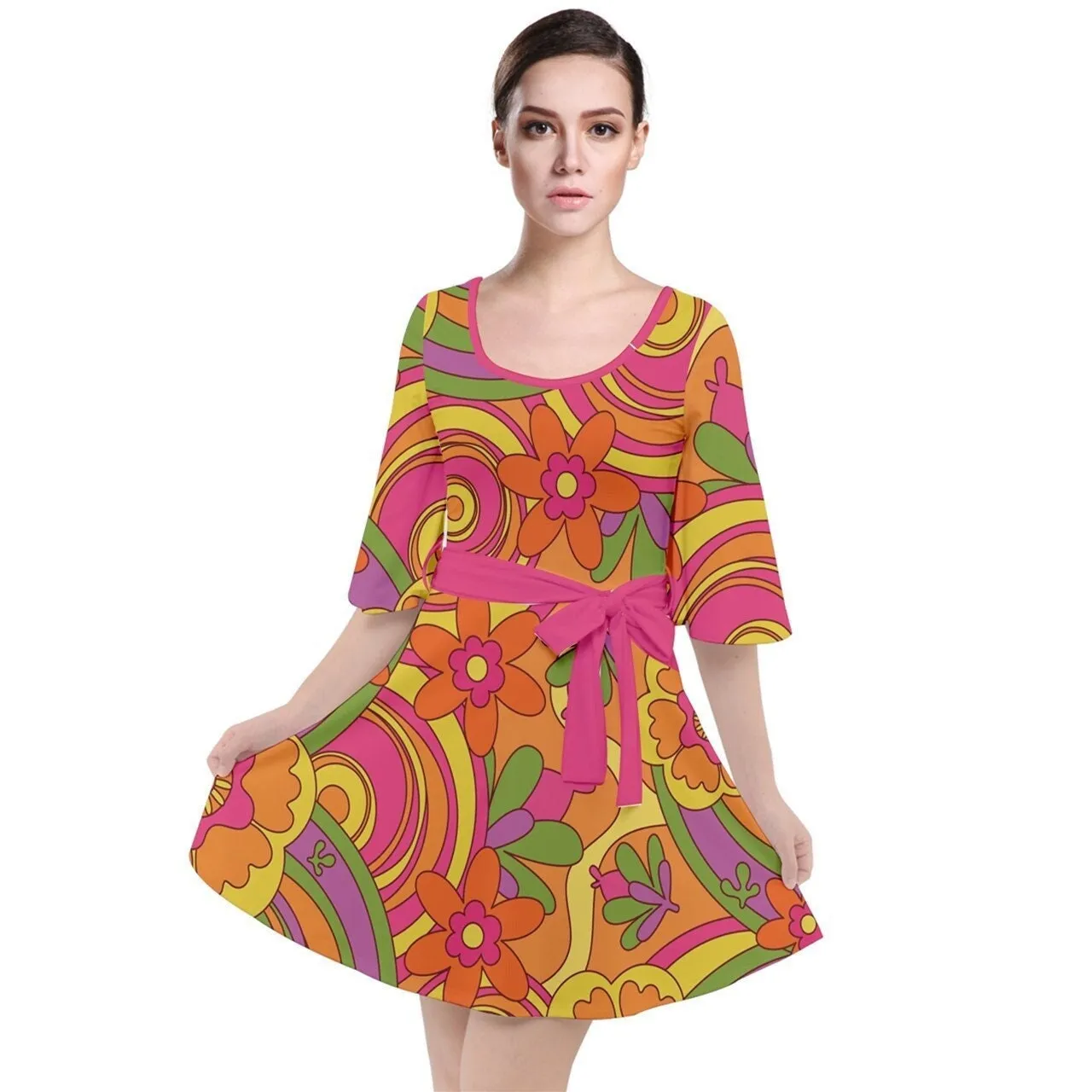 Groovy Dress, 70s Style Dress, Bell Sleeve Dress, Hippie Dress, Multicolor Floral Dress, 70s mini dress, 70s Dress Style, Velour Dress