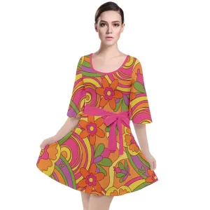 Groovy Dress, 70s Style Dress, Bell Sleeve Dress, Hippie Dress, Multicolor Floral Dress, 70s mini dress, 70s Dress Style, Velour Dress