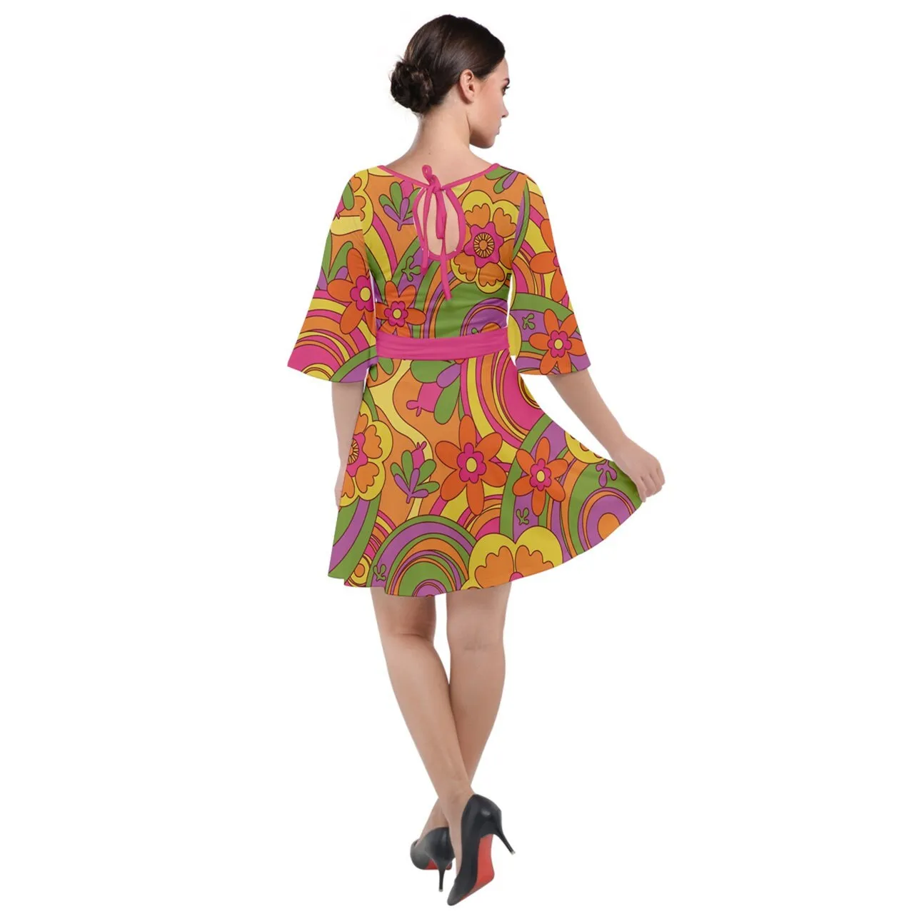 Groovy Dress, 70s Style Dress, Bell Sleeve Dress, Hippie Dress, Multicolor Floral Dress, 70s mini dress, 70s Dress Style, Velour Dress