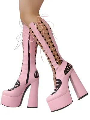 High Heel Platform Boots Hollow Side Zipper Square Heel Pole Dance Shoes Super Heel Sexy Boots Large Size Footwear