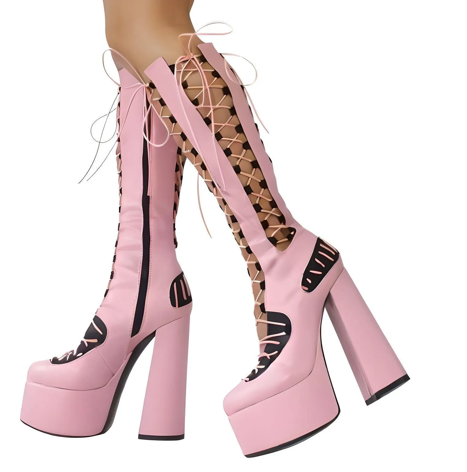 High Heel Platform Boots Hollow Side Zipper Square Heel Pole Dance Shoes Super Heel Sexy Boots Large Size Footwear