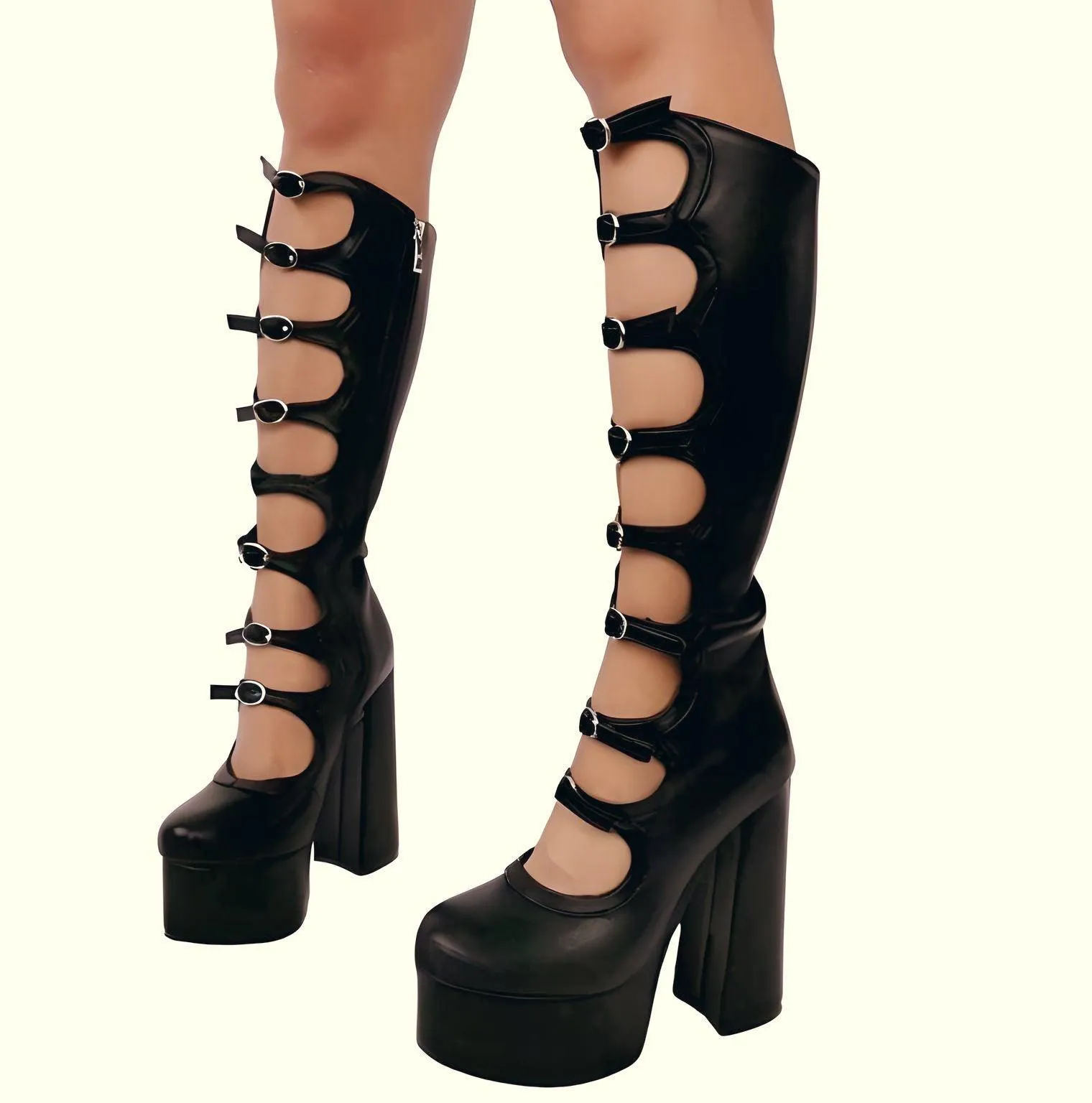 High Heel Platform Boots Hollow Side Zipper Square Heel Pole Dance Shoes Super Heel Sexy Boots Large Size Footwear