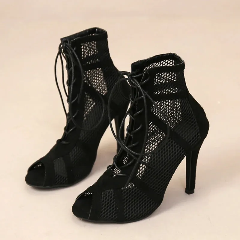 High Heels Hollow Mesh Sandals Cross-tied Peep Toe For Women