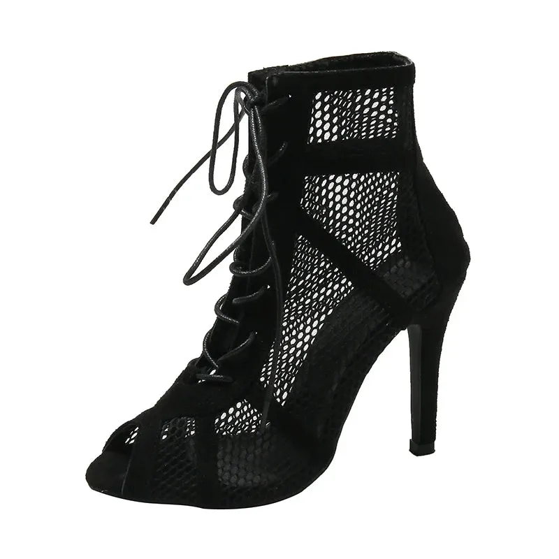 High Heels Hollow Mesh Sandals Cross-tied Peep Toe For Women